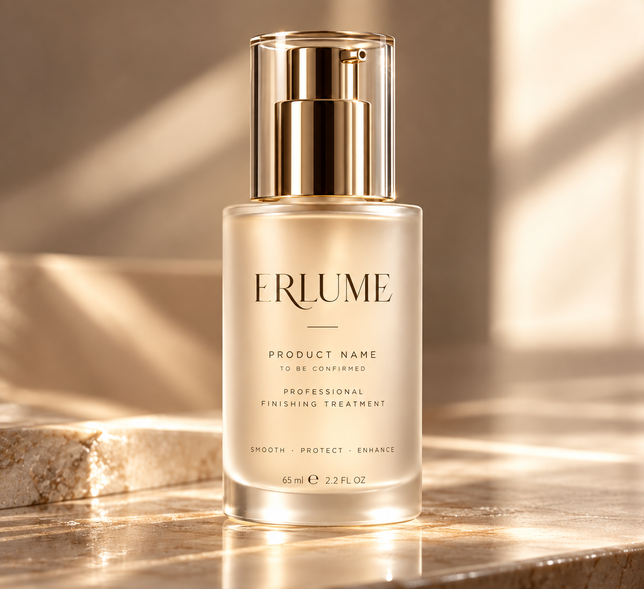 The ERLUME bottle in frosted glass with a gold pump, standing in soft warm light