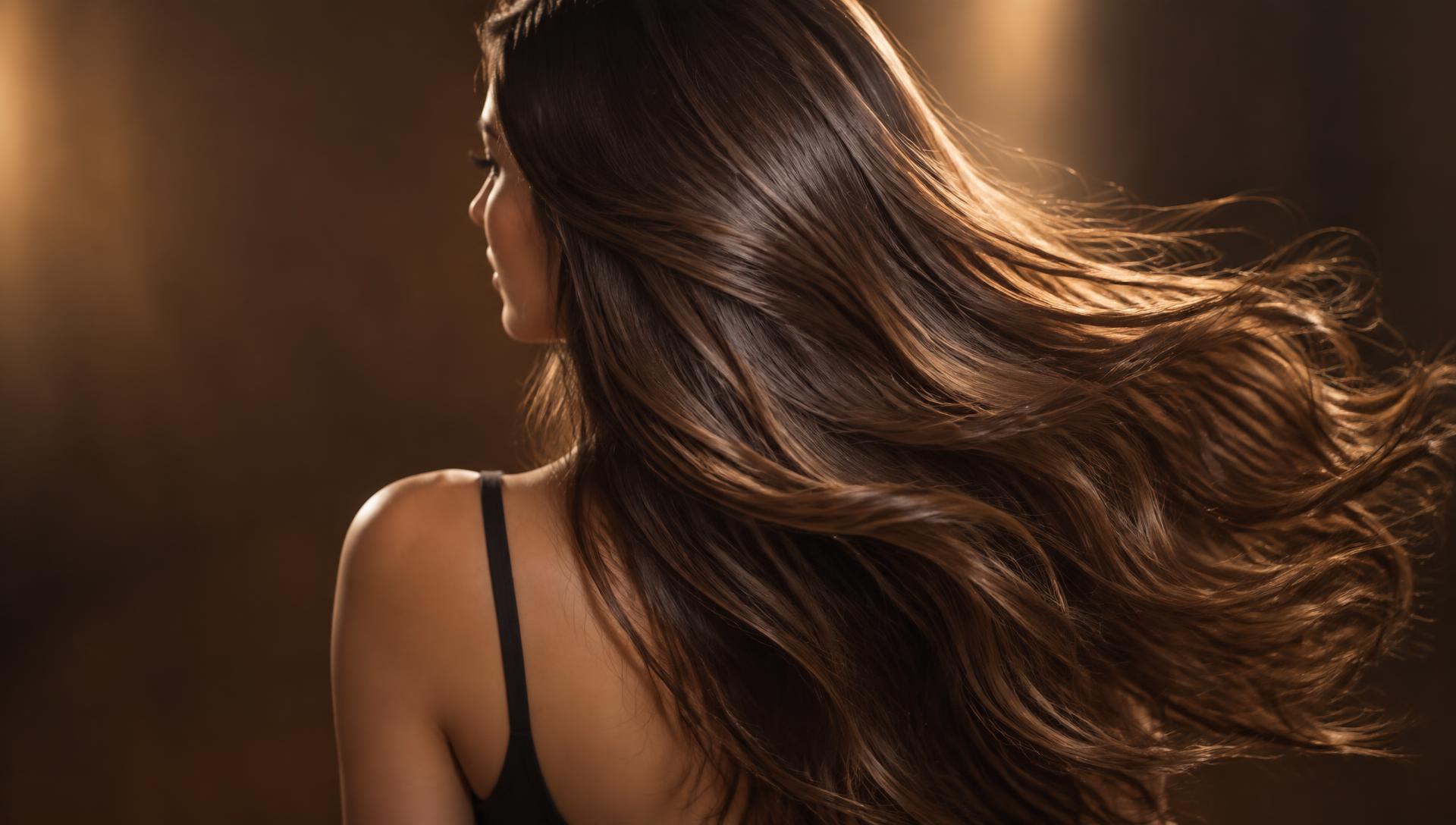 Long luminous hair moving through warm light